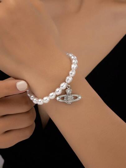1pc Women's European Style Pearl Galaxy Metal Stretch Bead Chain Bracelet, Decorative Everyday/Holiday Gift
