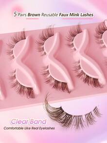 Rikuaild 5 Pairs Brown Cat Eye False Eyelashes, Transparent Band Fox Eye Lashes, Brown Faux Mink Eyelashes, Criss-Cross Fluffy Wispy False Lashes, Natural Look Fake Eyelashes, Eyelash Extension Makeup - 眼尾拉長款 - 查看 2