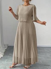 Đầm voan xếp ly tay cánh dơi cổ tròn màu trơn thanh lịch dành cho nữ, mùa hè - Màu Khaki - Xem 3