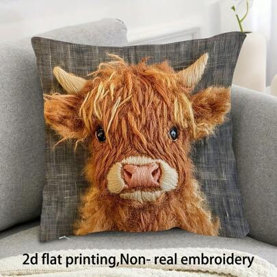 2pcs Vintage Highland Cow Throw Pillow Covers, 2D Embroidery-Like Print, 18X18 Inch, Plush Pillow Shams With Zipper Closure, Cute Highland Calf, Suitable For Living Room Sofa Decor, Pillow Insert Not Included