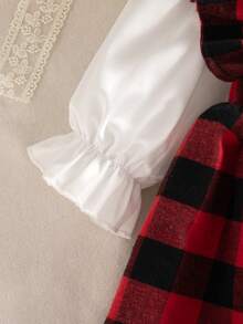 秋冬女婴套装：可爱彼得潘领衬衫、红色格子背带裙、蝴蝶结袜子、头带 - 紅色 - 查看 4