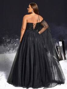 VIPGIRL Đầm dạ hội xẻ cao cỡ lớn dành cho nữ, được trang trí bằng sequin bất đối xứng và tay áo voan bồng bềnh, thích hợp cho các buổi dạ hội, tiệc tùng, đám cưới và các dịp khác. - màu đen - Xem 2