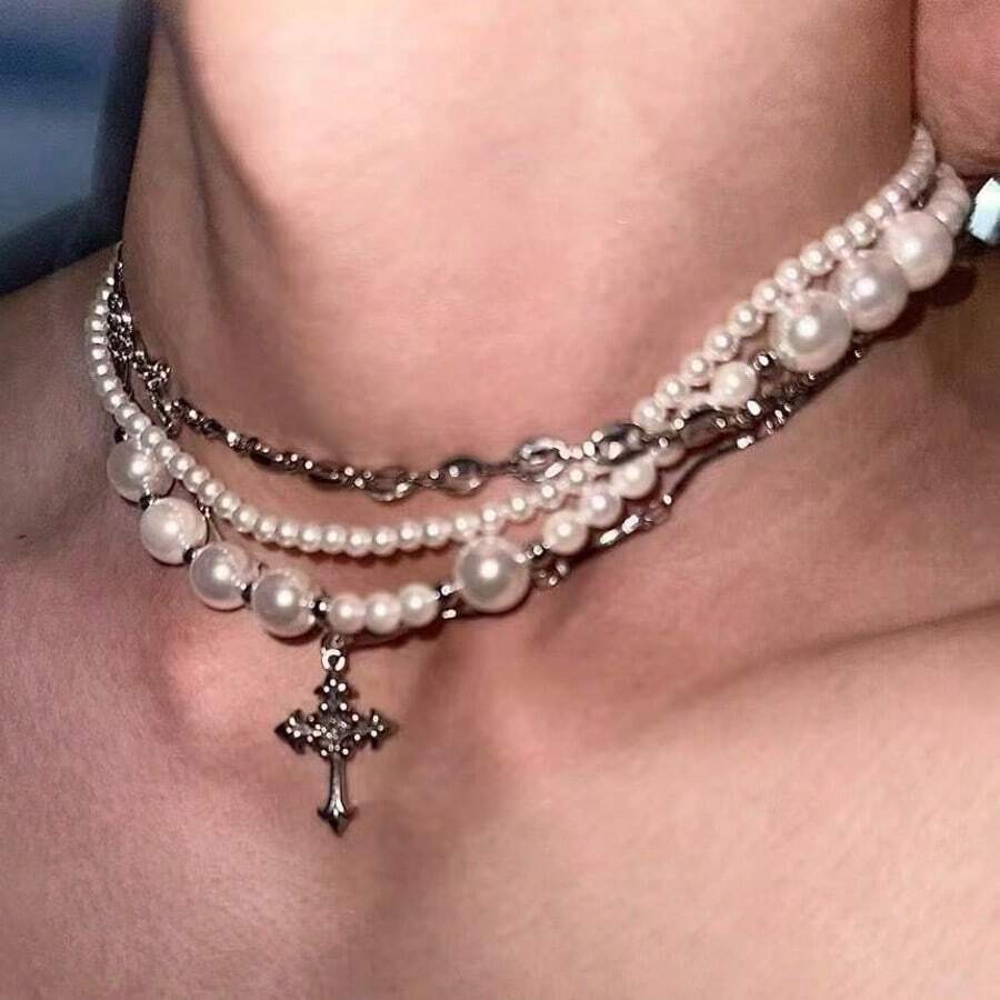 1pc Multi-Layer Pearl Necklace, Delicate Collarbone Chain, Unisex Niche Design Hiphop Couple Sweater Chain - Silver - View 1