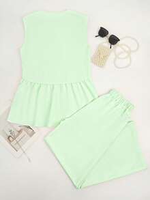 Linen Blend Sleeveless V-Neck Loose Top With Elastic Waist Pocket Wide Leg Pants Set, Women's Autumn Outfit, Y2K Style, Vintage, Travel Airport, Back To School, Street Style - Mint Green - View 6