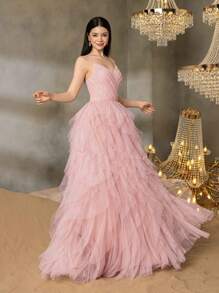 Alisa&Leo Elegant Thin-Strap Teen Formal Gown With Structured Bustier & Multi-Layer Tulle A-Line Skirt – Timeless Design For Prom, Graduation Ceremonies, Homecoming Dances, Gala Dinners, And Pageant Events - Pink - View 7