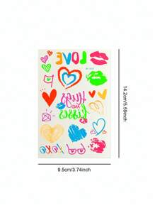 4 张霓虹灯临时纹身，唇心形荧光爱心纹身贴纸，防水临时纹身贴纸，适合情人节和音乐派对返校 - 彩色 - 查看 10