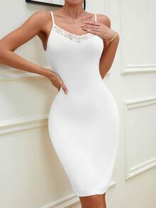 欧美女士性感蕾丝花边纯色吊带弹力柔软舒适打底束腰包臀连衣裙 - 白色 - 查看 4