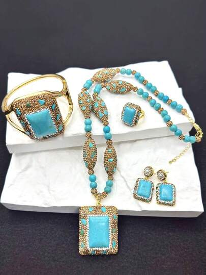 4pcs Vintage Turquoise, Pearl, Magnesite Necklace Set, Unique Inlaid Czech Crystal Jewelry Set