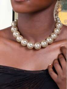 1 Vòng cổ ngọc trai lớn phóng đại cổ điển thời trang, dây chuyền, thích hợp cho phụ nữ đeo trong các bữa tiệc hàng ngày, vòng cổ to bản, trang sức cổ điển cho phụ nữ, vòng cổ quyến rũ - Màu be - Xem 7