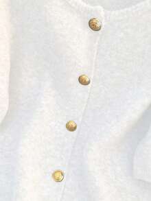 1 件女式纯色金属纽扣毛衣，休闲圆领短袖开衫，百搭针织毛衣上衣，秋冬