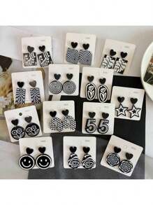 4/2pcs Simple Personality Black & White Polka Dot Acrylic Earrings For Women, Lightweight, Fashionable, Hypoallergenic, Suitable For Work, Beach, Street Style, Party, Holiday, Daily Wear, Back To School Season