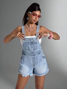 Jeanoix 女式口袋做旧休闲牛仔背带短裤 - 淺色水洗藍 - 查看 5