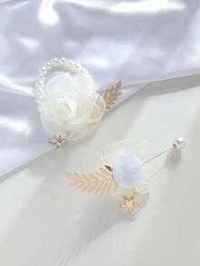 1 Stück weiße Rose Blume Metall Legierung Brosche + 1 Stück weiße Rose Blume Metall Legierung Handgelenk Corsage Set Valentinstag Accessoires - Weiss - Übersicht 3