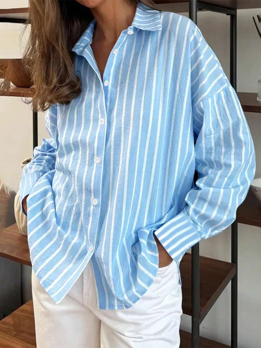 Striped Button-Down Casual Shirt, All Season - Blue - View 1
