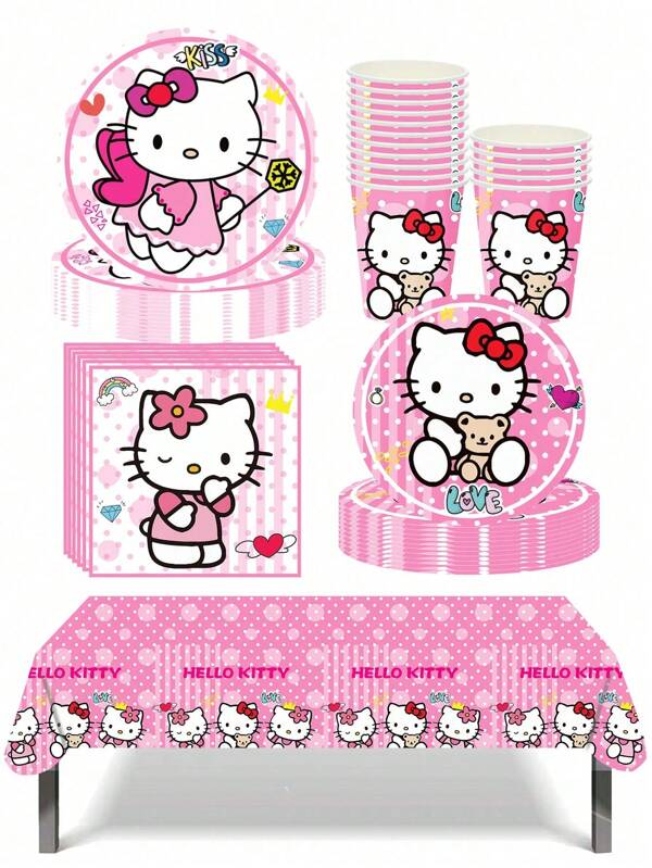 Sanrio Sanrio Hello Kitty Themen Geburtstags-Party Einweg-Geschirr Dekorative Accessoires inklusive Teller-Pappbecher-Papierhandtücher, perfektes Kitty Katze Party Geschenk (einige Teile können zufällig sein)
