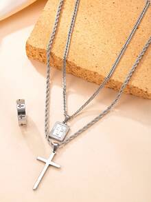 18K Gold Plated Exaggerated Hip-Hop Jewelry Set: 3pcs Stainless Steel Cross Pendant Necklace, Matching Bracelet And Ring - 3pcs - View 11