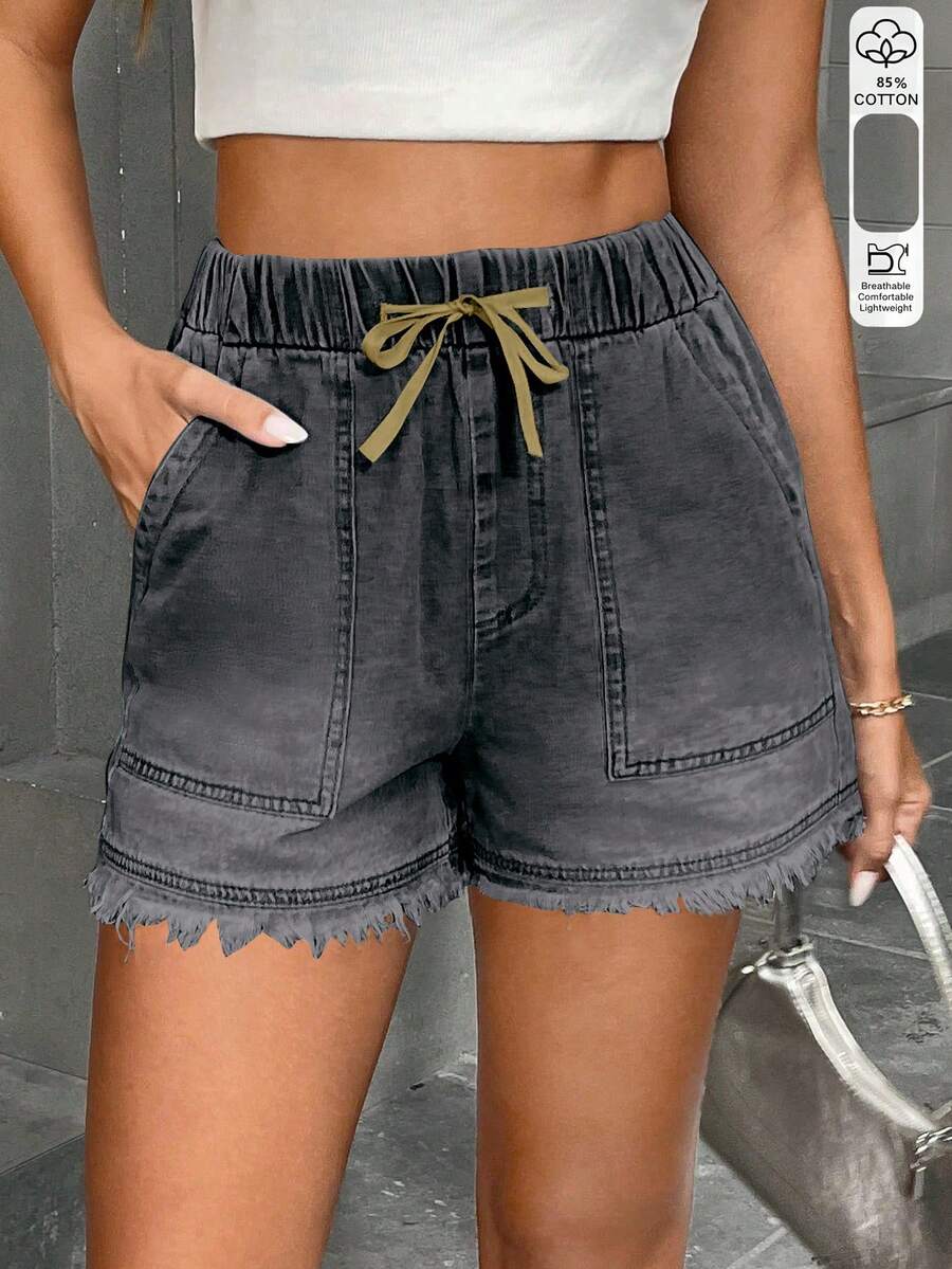 Women's Drawstring Waist Pockets Frayed Hem Loose Casual Denim Shorts
