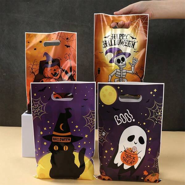 100 Halloween-cadeauzakjes met gouden sluitingen, zwart kat, spook, pompoen, schedel, heksenhoedontwerp, herbruikbare snoepzak, duurzame plastic zak, perfect voor Halloween-decoratie, geschikt als feestcadeau, dessertbak, koekjesverpakking, Happy Halloween, geen trick or treat