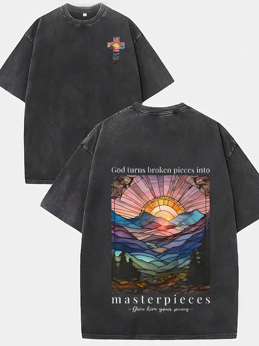 Divine Learning Fragment 220g Washed Cotton Double-Sided Printed Crew Neck T-Shirt, Street Fashion Women's T-Shirt, 100% Pure Cotton, Suitable For Daily Casual Short Sleeve Wear - 黑色 - 查看 1