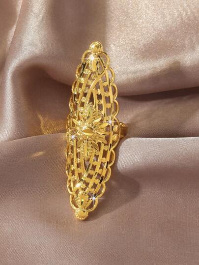 1pc Brass Plated Gold Hollow Design Adjustable Fashion Ring, Suitable For Women's Daily Wear And Party Gift