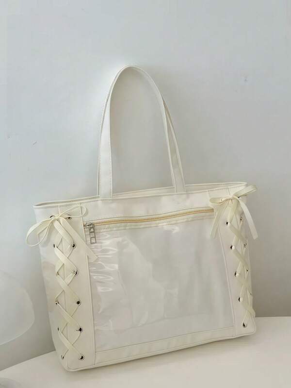 Grand sac pour femmes, nouveau sac seau mignon et transparent avec nœud papillon. Sac fourre-tout à porter à l'épaule pour les déplacements. Sac polyvalent et classique pour un usage quotidien. Sac et personnalisé, convenant pour les sorties, les photos, les courses, les rendez-vous, les voyages, la plage. Portable, convient aux filles, étudiantes, bureau, université, collège, lycée, travail.