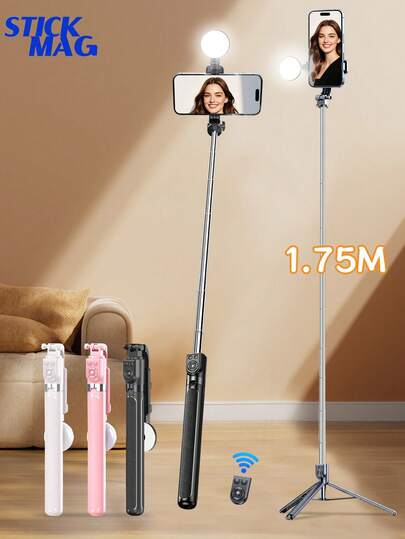 Palo de selfie inalámbrico Bluetooth de 1,75 m con trípode y luz LED de relleno ajustable de 3 colores, compatible con iPhone, Galaxy, smartphones Android, GoPro, adecuado para viajes y selfies, herramienta de fotografía de parejas para el Día de San Valentín