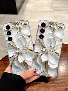 1 件时尚白色金属花透明软保护手机壳适用于三星 Galaxy A04e/12/A13/A14/A34/A50/A52/A53/A54/S21/S22/S23/S24/S25/S25 超防水防震防摔防刮