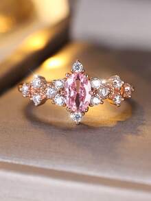 Vanel 1 pieza Anillo de Promesa Exquisito con Circonita Rosa Incrustada, Anillo de Compromiso y Boda para Mujer, Múltiples Tallas a Elegir, Regalo para Ella - rosa dorado-rosa - Ver 3