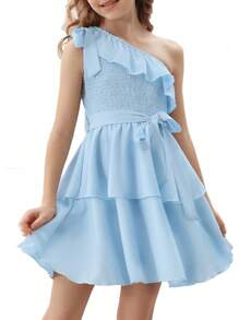 Danna Belle Girls Dress Tween One Shoulder Ruffle Tiered Layer Summer Party Dress Clothes Gifts Size 5-14 - 玫紅色 - 查看 10