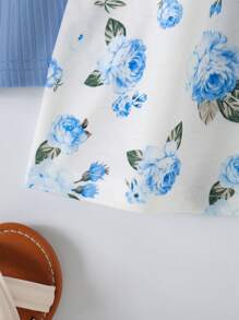 3pcs/Set Baby Girls Floral Print Solid Color Ribbed Button Strap Dress Set