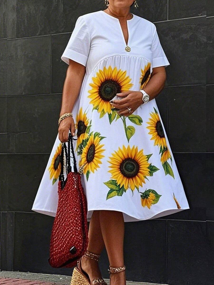 Summer Fall Curvy Dresses For Women 2025 New Sunflower Print Plus Size Loose V-Neck Short Sleeves Pleated Applique Midi Dress Vacation Outfits Woman - 白色 - 查看 1