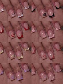 192 件中号方形心形指甲设计法式尖头按压指甲短款完美贴合亚克力假指甲套装包括：1 件果冻胶和 1 件指甲锉，心形指甲适合女性和女孩日常生活和派对情人节使用 - 彩色 - 查看 2