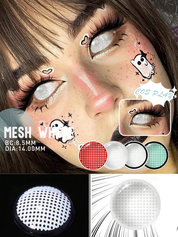 Lalens Lentes de contacto de colores Lalens de malla verde, blanca, roja, púrpura de CIEL para cosplay de anime y rol. Diámetro de 14.5mm, curvatura de 8.6mm, uso anual, contenido de agua del 38%, material de hidrogel. Diseño de patrón de color para agrandar los ojos y bordes con bloqueo