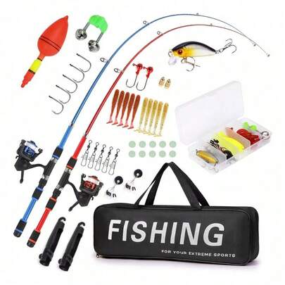 2 Telescopic Fishing Rods Set (1.8m + 2.1m) | Ergonomic Portable Fishing Equipment With Spinning Reels, Baits & Storage Bag | Fiberglass Rods With Ceramic Guides | Ideal For Lakes, Rivers, Coasts | Gift For Anglers