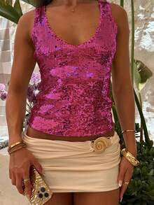 Women's Summer Crop Tank Tops Casual Shiny Sequins V-Neck Sleeveless Shirt Aesthetic Clothes For Streetwear - 玫紅色 - 查看 3