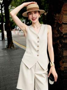 2pcs Women Casual Solid Color Elegant Button Front Pocket Vest & Shorts Set, Office Wear Early Autumn
