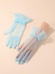 1 双浅蓝色优雅短款无指手套，适合女士晚间约会、歌剧、婚礼秋季配饰