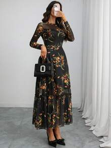 Women's Gothic Elegant Long Dress, Black Base, Colorful Floral Print, Mesh Round Neck Long Sleeve, Fitted Waist, Ruffle Hem Spring - Multicolor - View 5