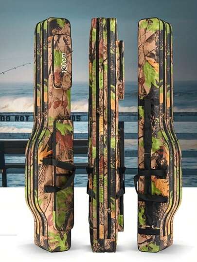 Portable 3 Layers Fishing Pole Bag Durable Oxford Folding Fishing Rod Reel Carry Case Tackle Storage Bag Case Waterproof Camouflage Travel Fishing Carrier