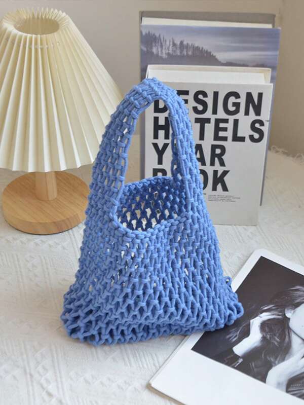 1 Stück Polyester Netz Häkel Tragetasche, mehrfarbiges einfarbiges Strick Garn gestrickte große Kapazität leichte süße und niedliche Mode Handtasche, Geschenk für Frauen, Mädchen, Lehrer, geeignet für Geschäft/Pendeln/Arbeit, Urlaub/Outdoor/Reisen, Frühling/Sommer/Herbst