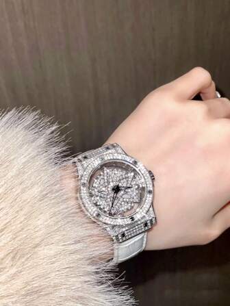 1 Piece Of Fashionable Transparent Back Women's Diamond Watch, Rotatable Starry Sky Dial, Star Pattern Design, Stainless Steel Case, White Leather Strap, Waterproof Quartz Watch Is Very Suitable For Women's Dating Gifts And Daily Wear