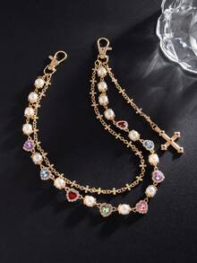 1pc Vintage Men's Multilayer Rhinestone & Faux Pearl Pants Chain, For Pants Decorations Summer, School - Cross Pendant - Silver - View 6