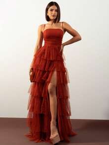 Luxurious Ruffled Dress For Bridesmaid/Graduation Wedding - 亮橙色 - 查看 2