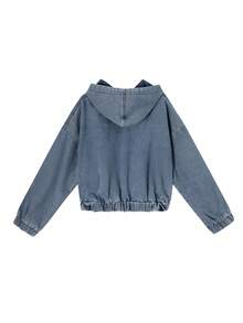Casual Loose Fit Dual Zipper Short Denim Hooded Jacket For Women, Versatile Hong Kong Style - Medium Wash - View 5