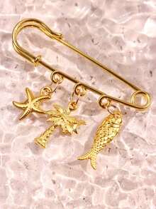 1 件金属海星、海马、贝壳、棕榈树胸针，女士休闲海滩派对珠宝 - 彩色 - 查看 14