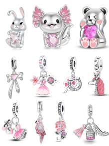 1 buc. Colecția roz pentru fete, Salamandl, Ursuleț, Iepure, Unicorn, Papagal, Rochie de balet, Parfum, Flori, Trifoi norocos și Fundă de dragoste, Colier cu pandantiv din mărgele, Brățară, Cadou de bijuterii DIY cu mărgele pentru fete