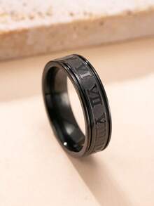 1pc Men's Fashion Punk Style Minimalist Black Stainless Steel Roman Numeral Ring, Suitable For Daily Wear, Parties And Valentine's Day Gift - Black - View 3