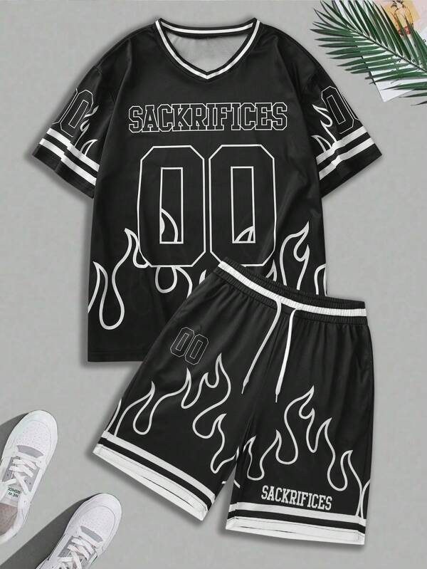 1 Set Men's Casual Sports Suit, Letter & Number Print, Sweetheart Neck T-Shirt, Shorts, Baseball Jacket, Summer