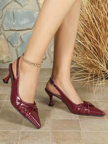 女士荷叶边小猫跟高跟鞋，PU 材质，踝带，优雅日常穿着酒红色高跟鞋，适合户外购物、节日、派对、春季、夏季、秋季、冬季，搭配缎面连衣裙、圣诞节、秋季 - 酒紅色 - 查看 3