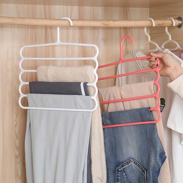 1/5/10pcs, 5 Layer Multifunctional Plastic Pants Hanger, Clothing Scarf Storage Hanger, Anti Slip Space-Saving Closet Organizer, Simple Solid Durable Pants Rack Closet Organization And Storage, Suitable For Towel, Trousers, Ties, Scarf, Bedroom Storage, Home Storage And Organization Supplies Gadget, Laundry Supplies, Bedroom Accessories